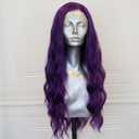 ELESTY Long Wavy Purple Synthetic Lace Front Wigs for Women Free Part Dark Purple Glueless Wig 24 inch Natural Curly Synthetic Wig Heat Resistant Fiber Hair Wigs for Daily Party Use