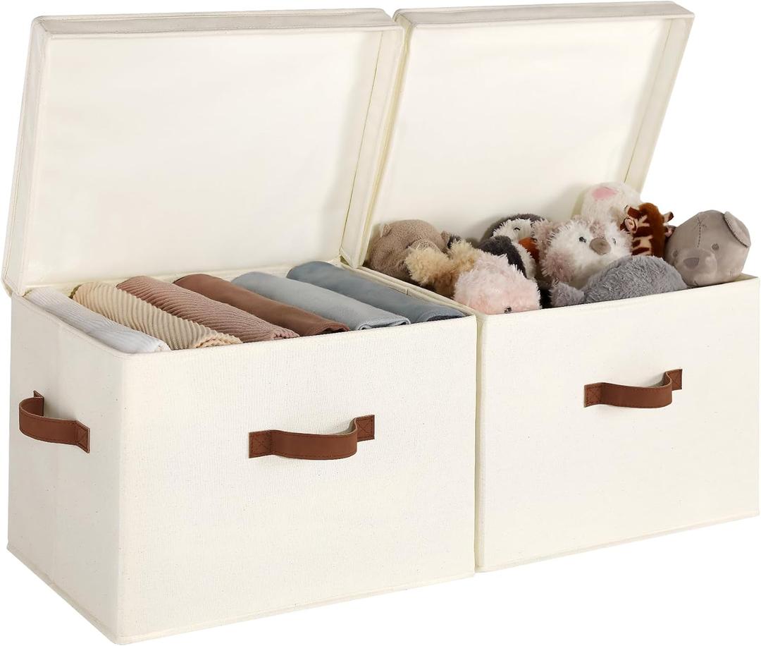 StorageWorks Fabric Storage Bins with Lid, Decorative Storage Boxes for Shelves, Stackable Closet Organizer Basket with Handles, Jumbo, Ivory White, 2-Pack