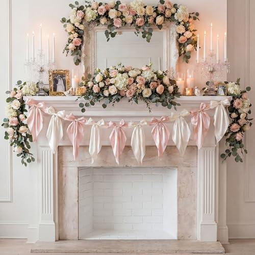 VitalCozy 1 PCS White Pink Bow Garland Banner, Satin Ribbon Hanging Party Bow Garland Decoration for Birthday Baby Shower Wedding Party Supplies