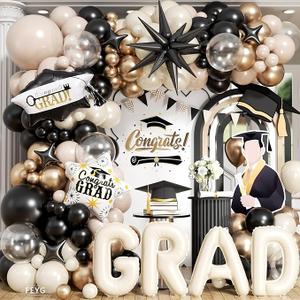Graduation Balloons Arch Garland Kit, Graduation Party Decoration, Black Sand White Balloon Star Balloon Grad Foil Balloons Grad Banner for College School Class of 2026 Congrats Grad Party Supplies