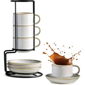 Gomakren 2.5 Ounce Espresso Cups Set of 4, Small Stackable Coffee Cups with Saucers and Metal Stand, Valentine Porcelain Demitasse Cups for Specialty Coffee Drinks, Espresso, Cappuccino, Latte, White