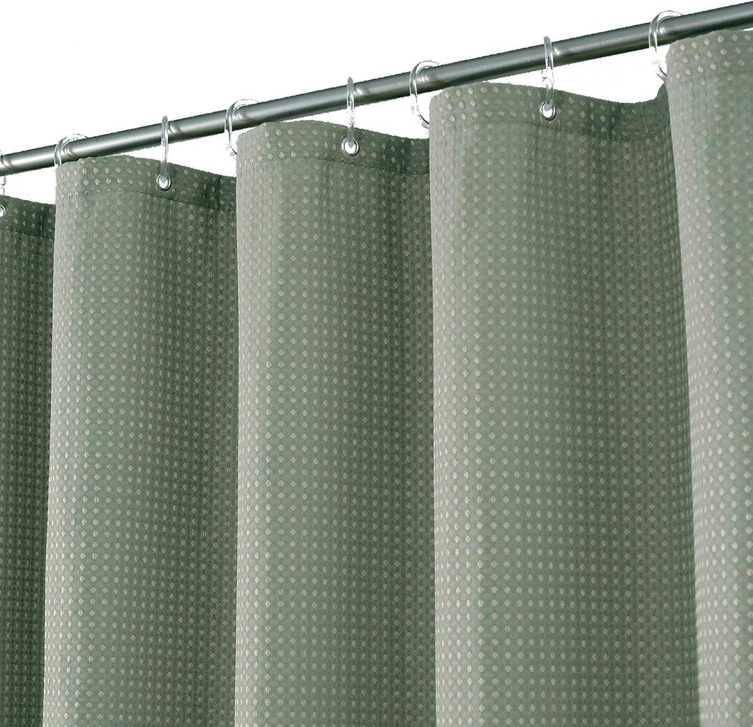 Short Waffle Weave Fabric Shower Curtain 66 inch Long, Hotel Luxury Spa, 230 GSM Heavy Duty, Water Repellent, Machine Washable, Sage Green Pique Pattern Decorative Bathroom Curtain, 71x66