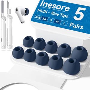 Inesore 5 Pairs Replacement Ear Tips for AirPods Pro 3 (2025) with Portable Storage Box & Cleaner Pen,Built-in dust Guard Screen Silicone Ear Tips 5 Sizes (XXS/XS/S/M/L) - Blue