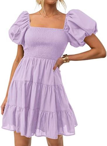 ZESICA Women's Boho 2025 Summer Square Neck Puff Sleeve Off Shoulder Smocked Tiered Casual A Line Short Mini Dress, Size Large 