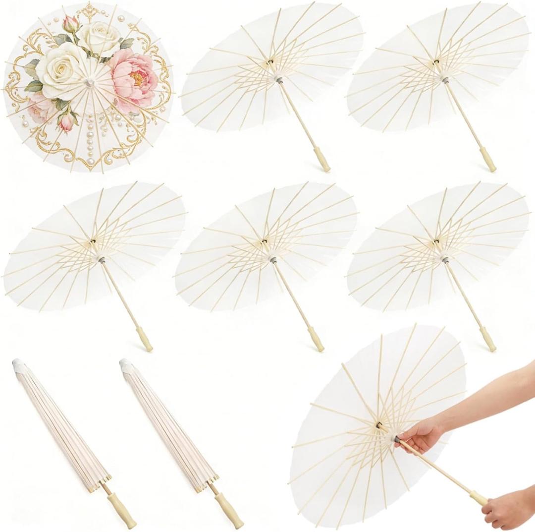 Noamus 8 Pcs 23.6 Inch White Paper Umbrella, Chinese Oiled Paper Parasol Umbrellas, Japanese Decorative DIY Painting Parasol Bulk for Women Wedding Bridal Party Decor Photo Props Craft