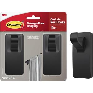 Command 10 lb Matte Black Curtain Rod Hooks, 2 Hooks and 4 Strips, No Drilling Home Decor and Room Decor, Use with Rod Diameters 0.5-0.75" | 10 lb, 4 Command Strips, Damage Free, Curtain Rods Hangers, Home and Room Decor