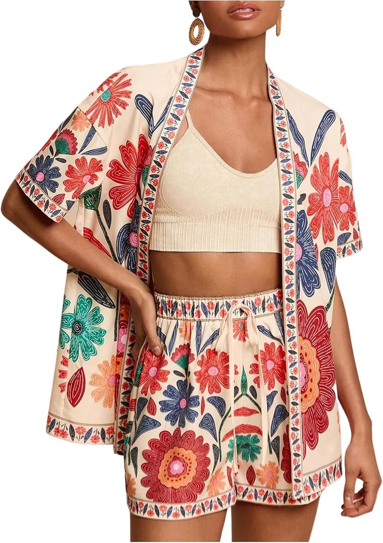 MakeMeChic Women's Two Piece Sets Summer Tropical Vacation Outfits Boho Floral Kimono Tops Shorts Set (Orange, XL)