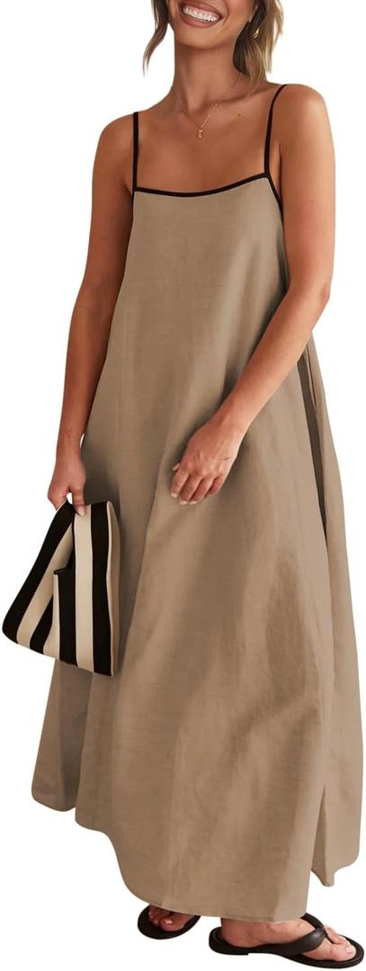 OWNGIGI Women's 2025 Summer Linen Maxi Dress Contrast Spaghetti Strap Beach Dress Backless Sleeveless Party Casual Dresses (Medium, Deep Apricot) OWNGIGI Women's 2025 Summer Linen Maxi Dress Contrast Spaghetti Strap Beach Dress Backless Sleeveless Party Casual Dresses (Medium, Deep Apricot)