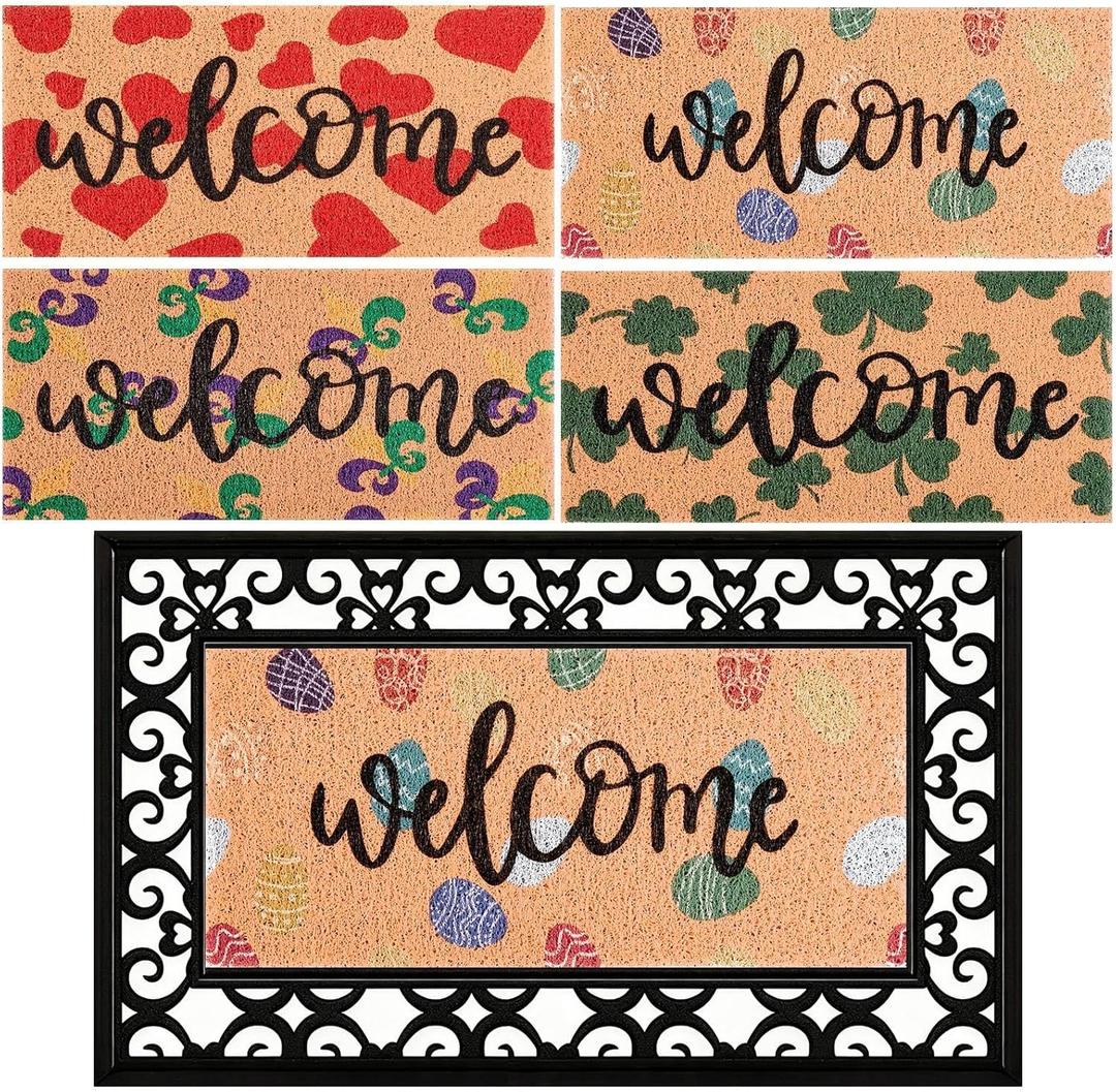 4 Pcs Easter Doormat Insert Spring Holiday Door Mat Interchangeable Doormat Inserts Entrance Welcome Valentine's Day Mardi Gras St. Patrick's Day Mats 22 X 10 Inch Non Slip Door Mat Gifts