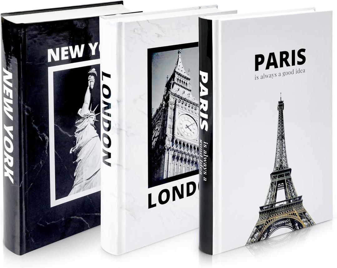 Decorative Books for Home Decor  Foldable Black and White Faux Book Set Featuring Paris, London & New York  Modern Coffee Table & Bookshelf Decor, Minimalist Book Decor Accents