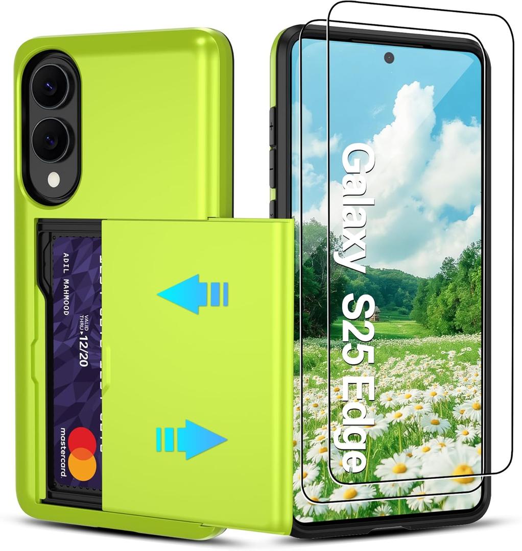 Compatible with Samsung Galaxy S25 Edge Case with Card Holder Dual Layer Heavy Duty Protective Shockproof Hidden Card Slot Slim Wallet Phone Cover for S25 Edge Phone Case (Neon Green)