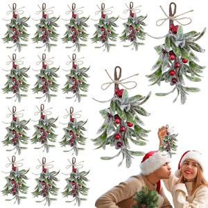 EUBUY 16 Pieces Christmas Mistletoe Decor Artificial Mistletoe Picks Hanging Kitchen Cabinet Christmas Decorations for Xmas Tree Home Door Wall Holiday Party