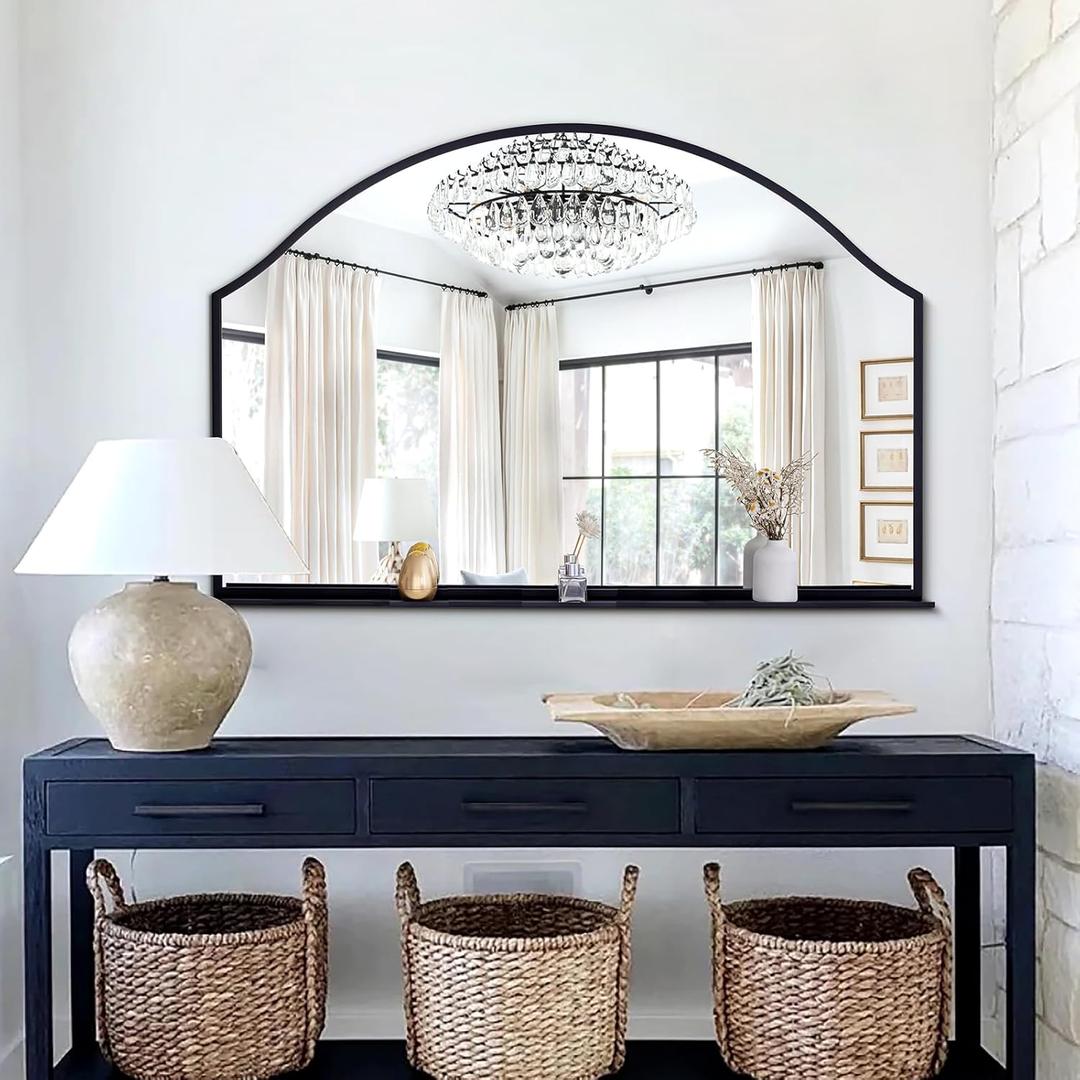 Chende 47''x32'' Large Wall Mirrors for Decor, Black Bathroom Mirror with Removable Shelf, Elegant Scallopd Mirror with Arched Frame for Entryway, Living Room, Mantel, Bedroom