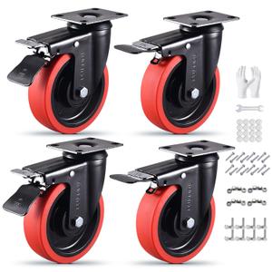 Casters Set of 4 Heavy Duty 5 Inch Caster Wheels with Brake 3000Lbs Capacity Silent Swivel TPR Rubber Wheel Locking Industrial Plate Castors Perfect for Carts, Furniture and Workbenches
