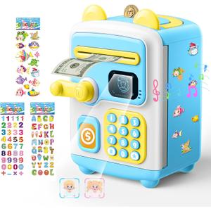 Upgraded Piggy Bank, Face ID Password Unlocking Electronic Kids Bank ATM Security Unlocking Cash Coin Bank Toys Gifts for Kids, Coin Bank for 3 4 5 6 7 8 9 10 11 12 Year Old Boys Girls Blue