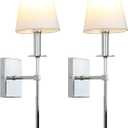 PERMO Set of 2 Classic Rustic Industrial Wall Sconce Lighting Fixture with Flared White Textile Lamp Shade and Chrome Tapered Column Stand, Hardwired, E26 Base