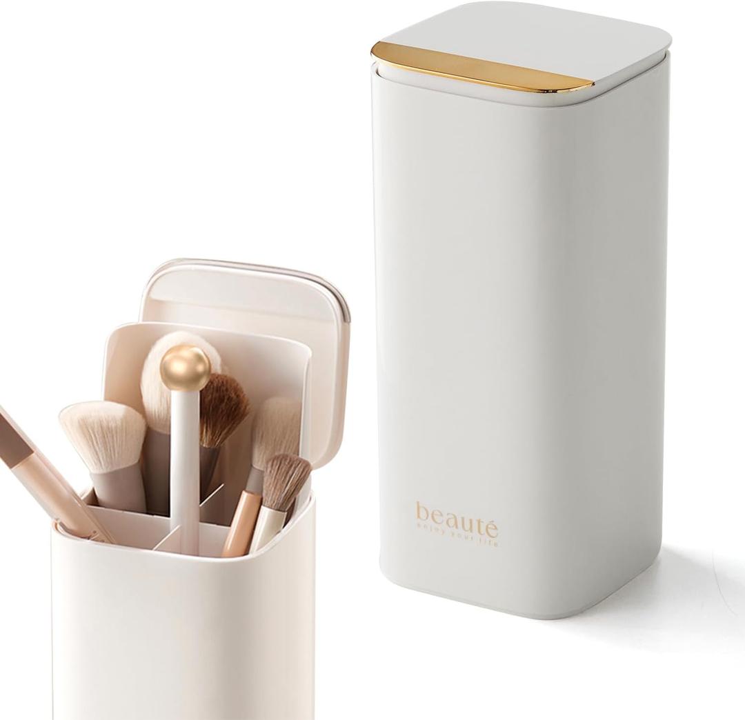Makeup Brush Holder with Lid, Push Pop-Up Makeup Brush Organizer,4 Slots Makeup Cosmetics Organizer for Vanity Decor, Bathroom Countertop, Large Capacity, Dustproof, Waterproof | White and Gold