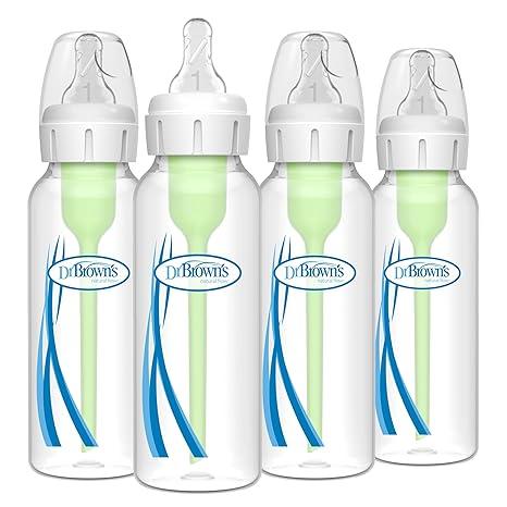 Dr. Brown's AntiColic Options+ Narrow Glass Baby Bottle with Level 1 Slow Flow Nipple, BPAFree, 8 oz/250 mL, 0m+, 4Pack 