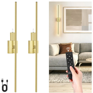 Battery Operated Wall Sconce, Set of Two Dimmable Battery Removable Wall Lamp, 4 Color Temperature LED Rechargeable Wall Sconce, 31.5 in Wall Light for Bedroom, Hallway-Gold