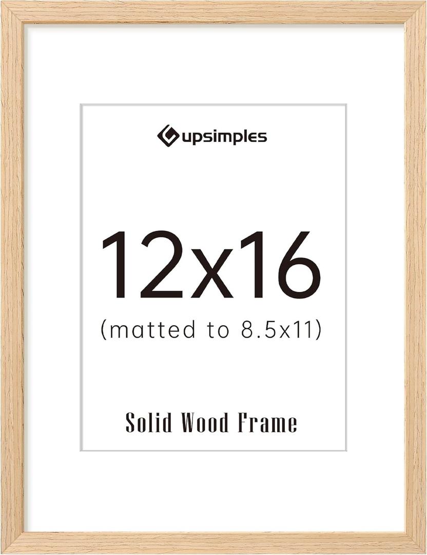 upsimples 12x16 Frame, Natural Solid Wood Picture Frames, Display 8.5x11 with Mat or 12 x 16 Without, Vertical & Horizontal Wall Hanging, 1 Pack, Natural