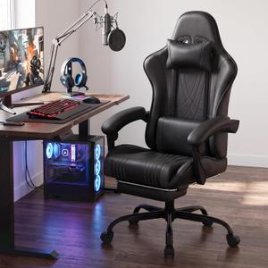 LUCKRACER Gaming Chair with Footrest, Pocket Spring Seat, 90°-135° Reclining Computer Chair with Linkage Armrests, Lumbar Support, Height Adjustment, SGS-Tested Gas Lift, 330 lbs Capacity, Black