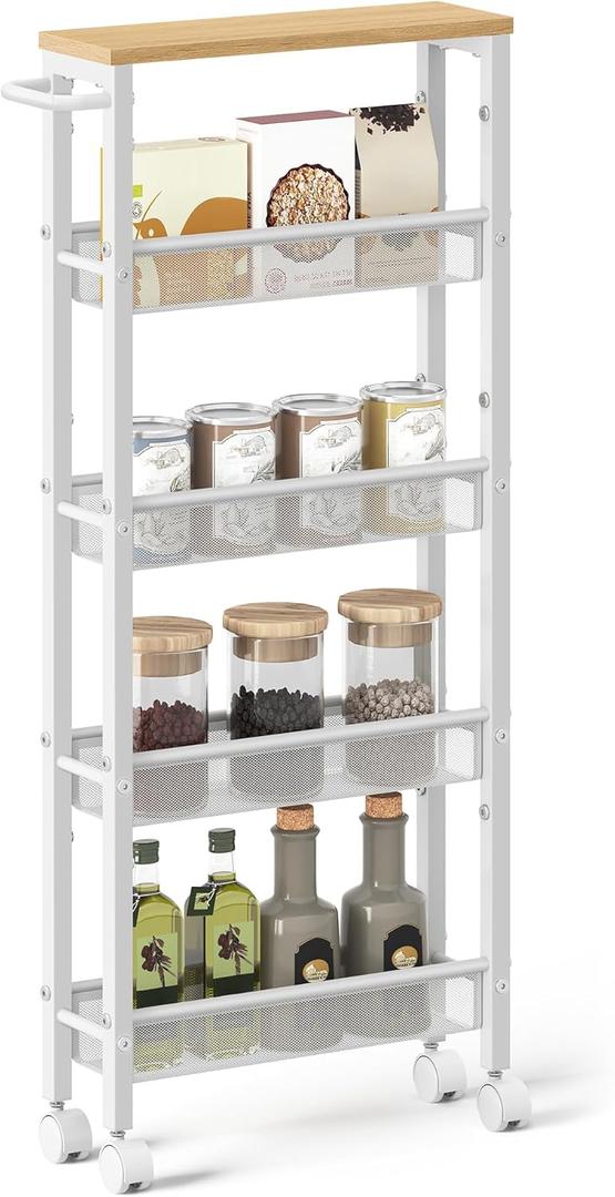 VASAGLE Slim Rolling Cart, 5-Tier Storage Cart, Narrow Cart with Handle, 5.1 Inches Deep, Metal Frame, for Kitchen, Dining Room, Living Room, Home Office, Oak Beige and Classic White
