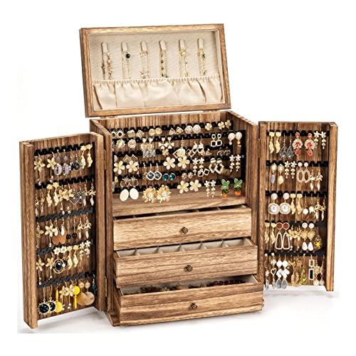 Poyilooo Jewelry Box Organizer, Large Wooden Jewelry Boxes for Women, Earring Jewelry Organizer for Necklace Earring Ring Bracelet, Rustic Jewelry Organizer Box for Girls, Christmas Gift for Her, 11″L x 6.3″W x 13.8″H