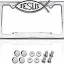 Premium Chrome Christian Fish Jesus License Plate Frame with 4 Screw Caps, Street Legal Universal Fit for Cars & Trucks, Heavy Duty Rust-Free Zinc Chrome Christian Fish Jesus License Plate Frame