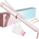 1.5 Inch Extra Large Curling Wand for Long Hair - Ceramic Tourmaline Barrel with 40000000 Negative Ions, Defined Curls and Easy to Use with Temperature Control for All Hair Types (Pink)