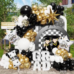PageebO Graduation Balloon Garland Arch Kit, 150Pcs Black and Gold White Balloons with Graduation Certificate Star Foil Balloons For Graduation Party Class of 2026 Grad Prom Decorations