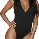 Milumia Women's Glitter Rhinestone Sequin Tank Top Bodysuit Deep V Neck Sleeveless Party Leotards (Black)