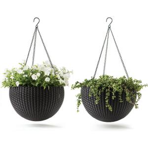 Keter Resin Rattan Set of 2 Round Hanging Planter Baskets for Indoor and Outdoor Plants-Perfect for Porches and Patio Decor, Graphite, Medium
