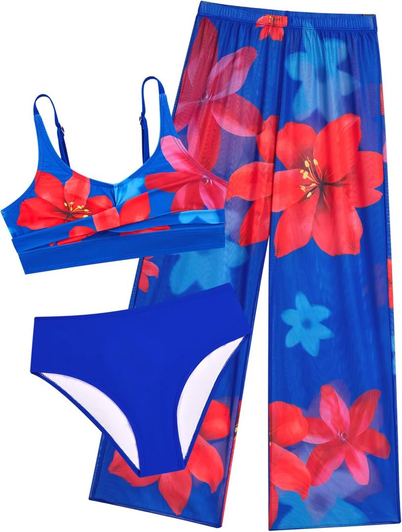 Girls Swimsuit 3 Piece Bikini Bathing Suit Criss Cross Swimwear Sets with Mesh Cover Up Pants 6-16Y