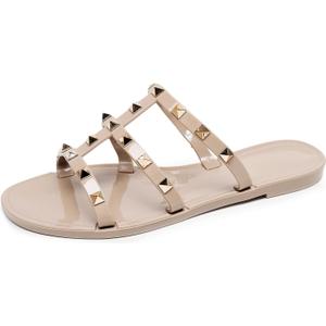 Women Flats Sandals, Studded Jelly Shoes Size 37 Red Dressy Summer Beach Rivets Strappy Jellies Slide Slip On Open Toes (Beige)