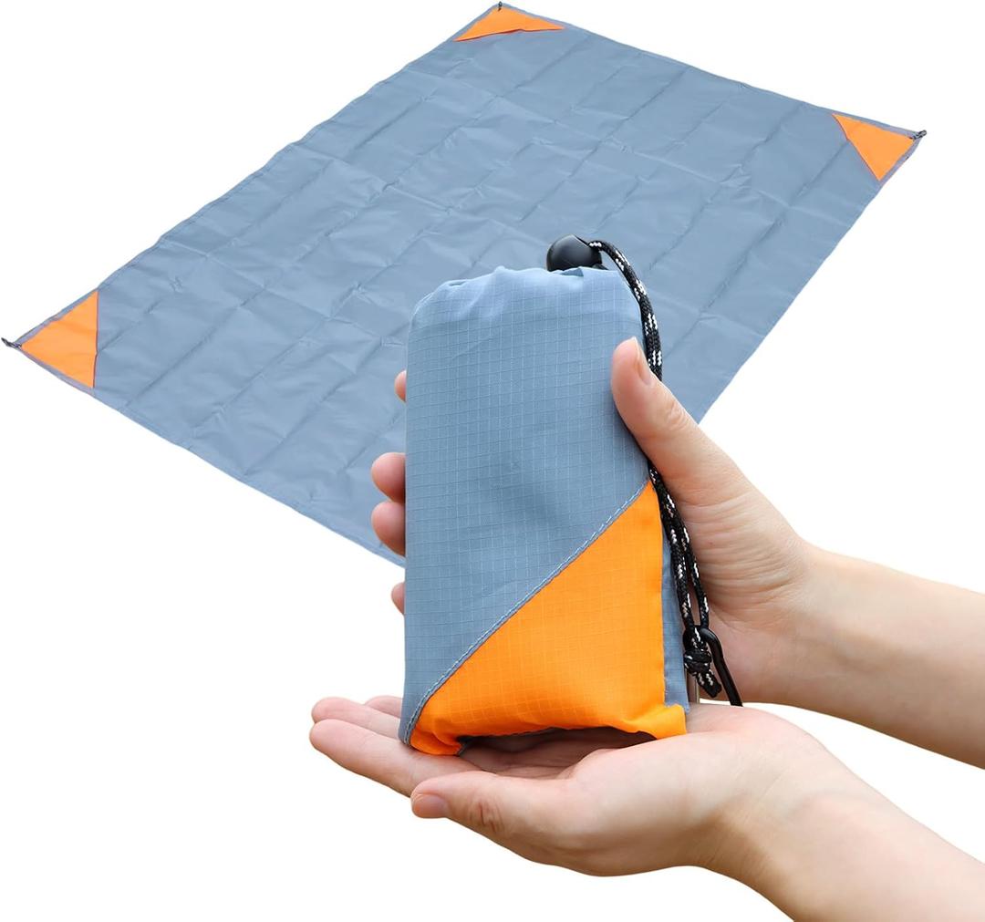 Orga'Neat Pocket Picnic Blanket, Beach Mat Waterproof Sandproof, Compact Lightweight Small Tarp for Camping, Hiking, Backpacking, Festival, Travel, Foldable in Bags (Grey/Orange, 55"x39")