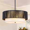 18'' Farmhouse Rattan Chandeliers for Dining Room,3-Light Boho Light Fixtures Rattan Pendant Light Fixture with Fabric Shade Drum Chandeliers for Bedroom Dining Room Foyer Kitchen HallwayBlack