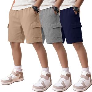 3 Pack Boys' Cargo Shorts Wide Leg Elastic Waist Kids Athletic Basketball Sweat Short with Multi Pockets 15-16Years 
