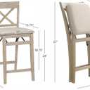 Linon Triena X Back Neutral Greywash Wooden Fully Assembled Folding 24 Inch Seat Height Counter Stool with Beige Upholstered Seat, Standard