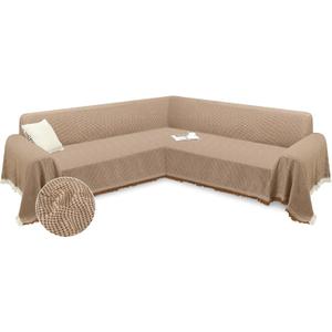 Arfntevss Sectional Couch Covers L Shape Washable Sofa Cover for Sectional Sofa Soft Reversible Waffle Soft Corner Slipcovers with Tassel Boho Large L Shaped Furniture Protector (Large, Light Brown)