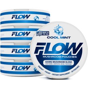 Flow Pouches Mushroom Nootropic Pouches, 600mg Lion's Mane Reishi Cordyceps Energy Pouches for Focus and Clean Energy, Caffeine Free Sugar Free Nicotine Free, Now Made in USA (5 Cans, Cool Mint)