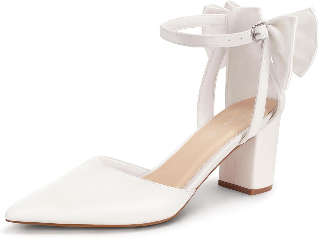 Womens Closed Pointed Toe Heels with Bow Low Chunky Block Heel Ankle Strap D'Orsay Pumps Bridal Wedding Dress Shoes (7)
