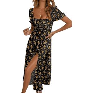 BLENCOT Womens Casual Summer Square Neck Short Sleeve Split Thigh Cotton Dress Boho Floral Print Tie Front Midi Dresses (Small, Black)