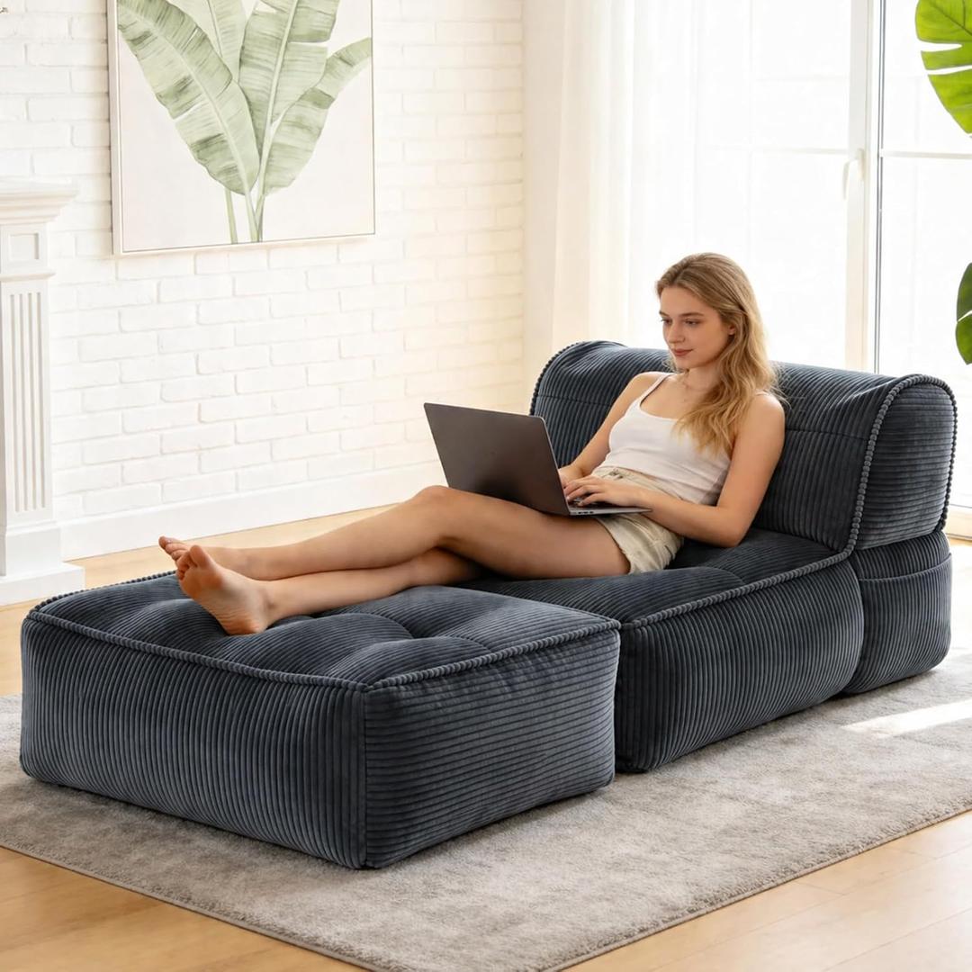 Large Bean Bag Lounger Chair for Adults,Foldable Floor Sofa Bedroom | Softness and Comfort, Boneless Couch with High-Density Sponge, Oversized beanbag chair Living Room Office,No Assembly,Gray