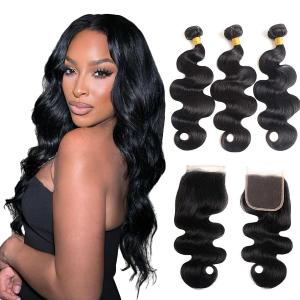 Body Wave Bundles with Closure Human Hair 16 18 20+14 Inch Human Hair Bundles with Closure 100% Brazilian Virgin Hair 3 Bundles with 4x4 Lace Closure Natural Black