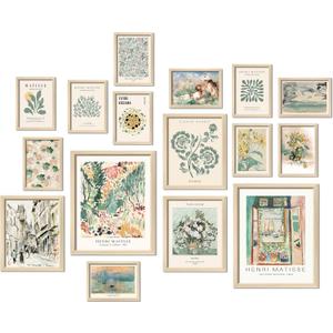 16 PCS Framed Sage Green Wall Art Decor, Matisse Wall Prints for Bedroom, Gallery Wall Frame Set, Abstract Posters for Living Room Aesthetic, Wall Collage Kit Pictures, Boho Dorm Home Decor (12"x15" Framed)