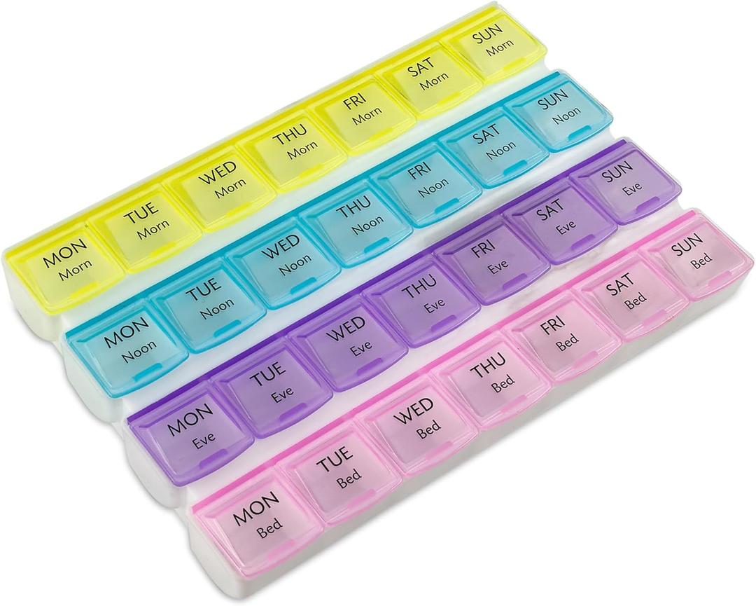 Weekly Pill Organizer - 4-Times-a-Day Pill Planner Pill Box Separates Pills & Vitamins with Daily Morning, Noon, Evening & Night Compartments, Travel Medication Reminder Monday to Sunday