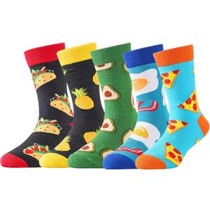 BONANGEL Boys Socks 5-8 Years Old, 5 Pairs Fun Novelty Animal Food Space Crazy Funny Cute Kids Socks 8-10 10-12 Years
