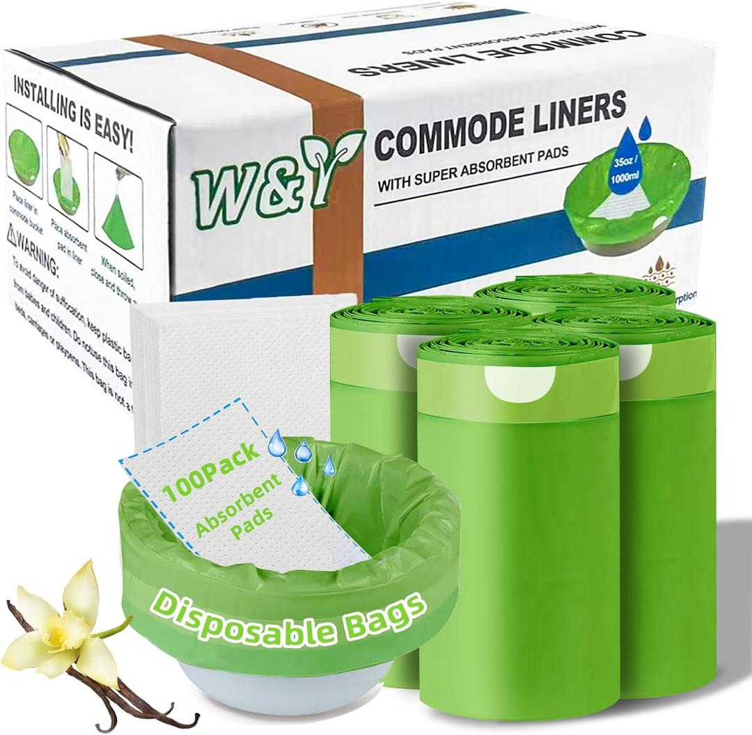 W&Y 100 Pack Commode Liners with Super Absorbent Pads, Universal Fit All Standard Toilet Chair BucketVanilla-Scented Portable Sanitary Bag for Adult Toilets and Camping Toilets100 Bags+100Pads