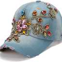 Women Multi-Color Rhinestone Baseball Cap Bling Denim Sun Hat,Studded Big Crystals,Adjustable (Blue, S)