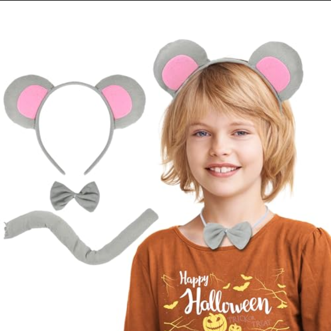 Berjena Mouse Ears Set - Rat Costume with Ears, Tail, and Bowtie for Halloween Cosplay or Party Decoration
